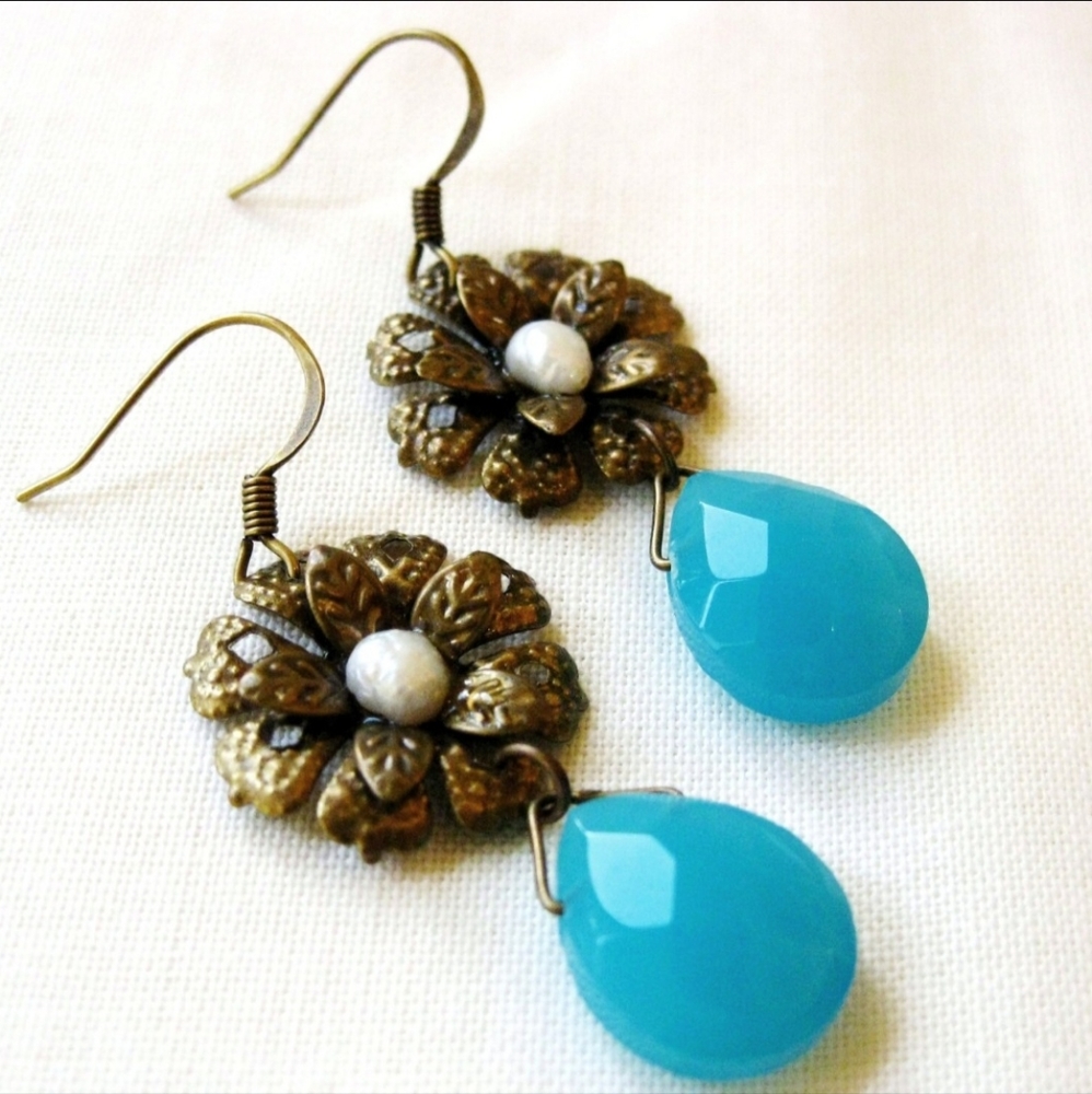 Antique Brass Flower, Seed Pearl & Aqua Blue Faceted Glass Teardrop Earrings